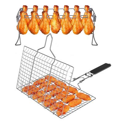 China Easily Cleaned Portable Folding Fish Grilling Basket with Removable Handle Grill Basket and Grill Rack for Vegetable Steak for sale