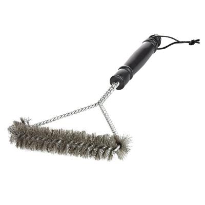 China Easily Cleaned Stainless Steel BBQ Brush Stiffens 12 Inch 3 Sided BBQ Wire Brush With Hanging Loop for sale