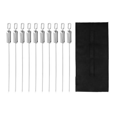 China New Come Easily Cleaned 10 PCS 16 Inch BBQ Stainless Steel Long Flat Kebab Skewers With Push Bar With Carry Bag for sale