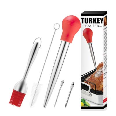 China 304 Stainless Steel Turkey Baster Sustainable Syringe Injector Needle With Cleaning Brush And Silicone BBQ Basting Brush for sale