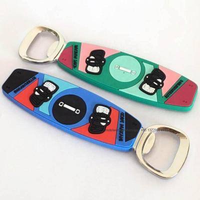 China Viable Custom Shop Embossed Surf Board Shape Silicone Metal Fridge Magnet Beer Bottle Rubber Opener for sale