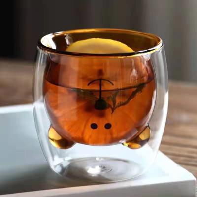 China Viable Different Color Cartoon Borosilicate Double Wall Glass Coffee Mug Cup Viable Cute Bear Design High Quality for sale