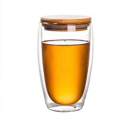 China Sustainable High Borosilicate Double Wall High Quality Glass Mug For Hot Coffee Tea With Wooden Lid for sale