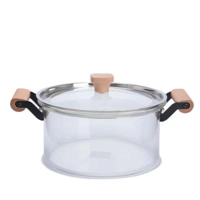 China Large Size High Sustainable Borolicate Transparent Wooden Handle Glass Double-ear Cooking Pot Cooking Pot for sale