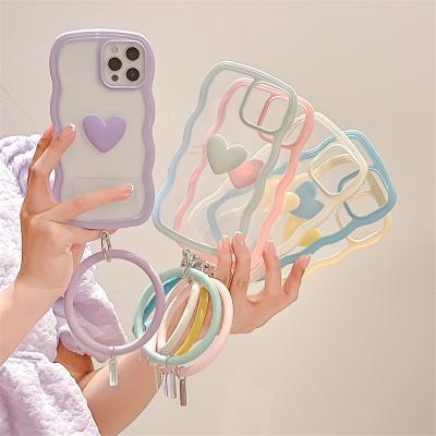 China Shockproof Three-dimensional Love Phone Case For iPhone12 Big Wave Transparent Phone Case For iPhone 13Pro Wristband Case for sale