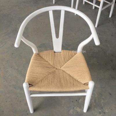 China White Wooden Rattan Seat Wishbone Weave Rope Seat Chair Curved Back Restaurant Chairs Sets for sale