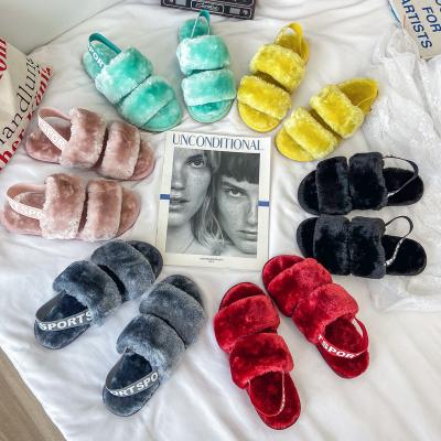 China CUSHIONING CUSHIONING Lady's Unique Soft Winter Indoor Toe Sandals Faux Fur Elastic Belt Open Slippers Jtfur Wholesale for sale