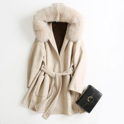 China Jtfur Women Anti Wrinkle Women Autumn Winter Wool Big Real Fox Hooded Coat Cute Fluffy Collar Jacket With Belt for sale