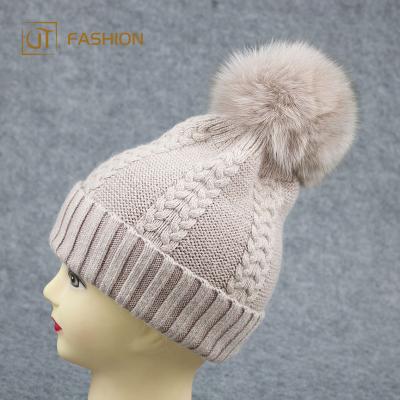 China 100% COMMON sale winter novelty girls knitted jtfur fox fur cashmere beanie pom pom hat best hats for sale