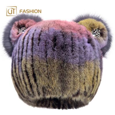 China Fashion\Comfortable Cozy Fashion\Durable\Rex Kids Winter Jtfur Insurance Cute Fur Commercial\Durable Real Warm Rabbit Knit Hat Wholesale Knitted Hats With Fur Pompom for sale