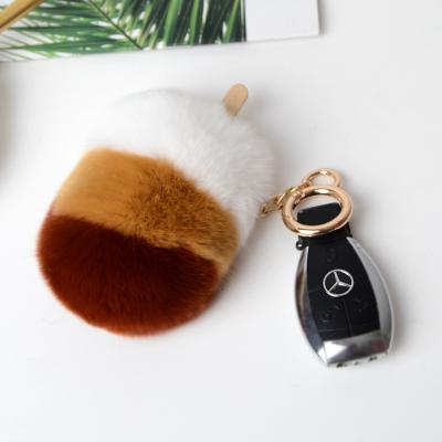 China Fuzzy Custom Fuzzy Jtfur fluffy key charms cute real rabbit fur ice cream shape pom key chain for sale