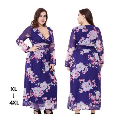 China Viable Refresh Holiday Style Fashion V-Neck Sleeve Chiffon Print Casual Dress Long Plus Size Women's Dress for sale