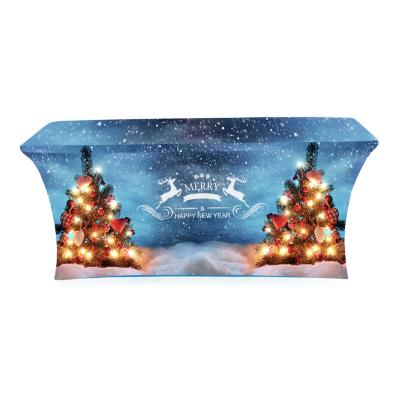 China 4 FT Polyester Stretch Tablecloth Waterproof Elastic Table Cover With Custom Printing for sale