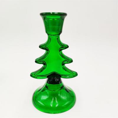 China Candle Holder Christmas Tree Shaped Candle Holder Tall Green Glass Candle Holder for sale