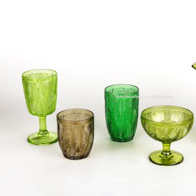 China Home Wholesale Green Leaf New Rib Decoration Glasswares Water Glass Tumbler Jug Tumbler Lead Free Eco Friendly Champagne Ice Cream Bowl Sets BR for sale