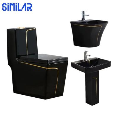 China Dual-Flush SIMILAR Modern Style Luxury Wall Hung Basin Pedestal Sink One Piece Black Toilet Sets for sale