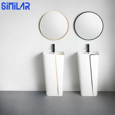 China Modern SIMILAR Gold Line Ceramic Bathroom Sink One-piece Wash Hand Pedestal Basin for sale