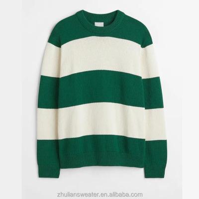 China Anti-wrinkle Custom Sweater Fashion Crew Neck Fine Knit Cotton Men's Sweaters Pullover Green White Striped Sweater Men for sale