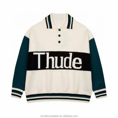 China Anti-wrinkle Custom Logo 100% Cotton Polo Neck Sweater Clothes Printing Letter College Cardigan Knitted Men's Sweaters for sale