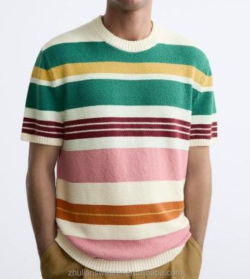 China Anti-wrinkle Custom Fashion Casual Cotton Knit T-Shirt Striped Intercolor Knit Short Sleeve Men's Knit Shirt for sale