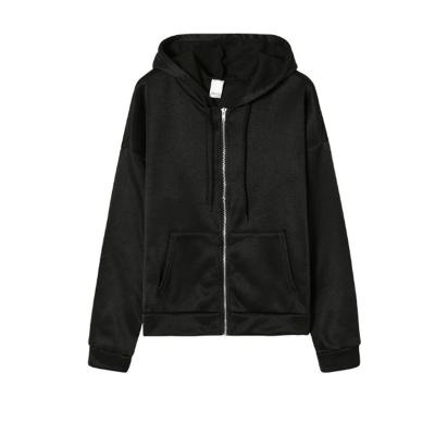 China Anti-wrinkle Custom Autumn Hooded Jacket Solid Colour Hooded Fashion Sweatshirt Long Sleeve Top Drawstring Pocket Loose Zip Black Hoodie for sale