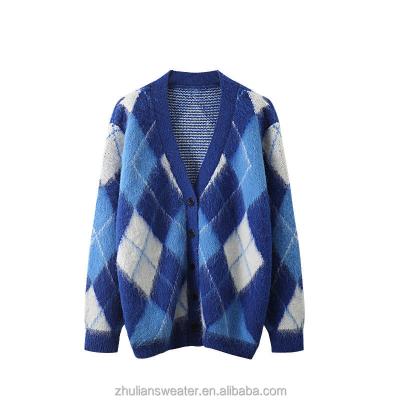 China Anti-wrinkle Spring Fashion Custom Jacquard Knit Cardigan Plaid Pattern Ladies Knitted Sweater for sale