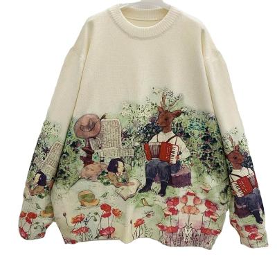 China Anti-wrinkle Custom Women's Plus Size Knit Pullover Fantastic Manor Scenery Print Sweat Women's Cotton Sweater for sale