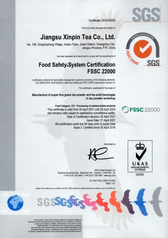 FSSC22000 - Jiangsu Xinpin Tea Co., Ltd.