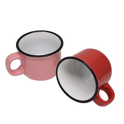 China Viable Small Size 200ML Custom Logo Printed Red Color Dye Sublimation Flip Ceramic Coffee Mug Imitation Enamel Mug for sale