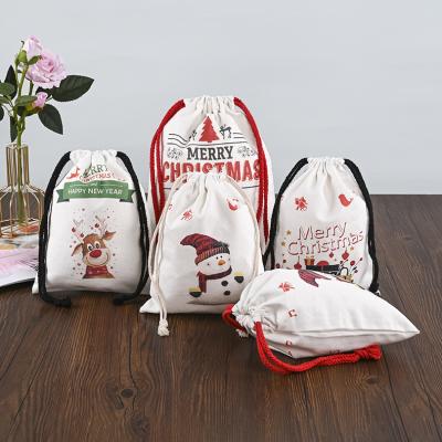 China Custom Christmas Gift Bag Canvas Sublimation Masks Santa Sacks With Red String For Sublimation for sale