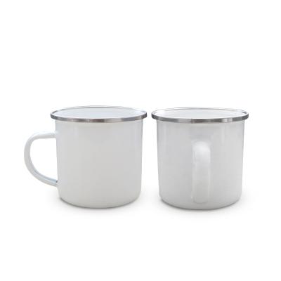 China Viable Sublimation Christmas Gift Masks White Enamel Mug With Silver Rim Handle Metal Enamel Mug Camping Travel Coffee for sale