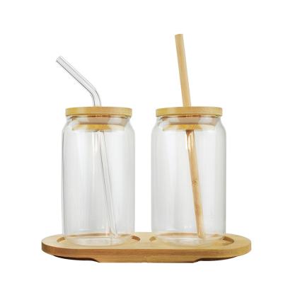 China Customized Recyclable Gifts 12oz 16oz DIY Sublimation Empty Beer Can Shaped Glass Mugs With Liner With Bamboo Lid And Straw Cola Can for sale