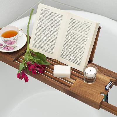 China Luxury Minimalist Pure Natural Natural Wood Hotel Bathtub Shower Expanding Cart Bridge Teak Reading Rack Wooden Shelf Bathroom for sale