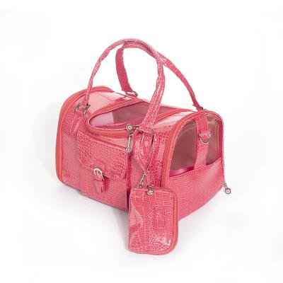 China Breathable Classic Crocodile Pattern Pink Fashion Airline Approved PU Leather Pet Outlet Bag for sale