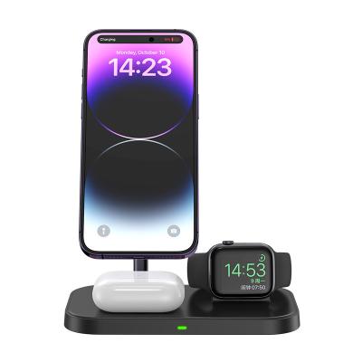 China New Designed Indoor Outdoor Magnetic Wireless Charging Stand 23w Charger Earphone Watch Charging 3 in 1 Wireless Charging Station for Iphone for sale