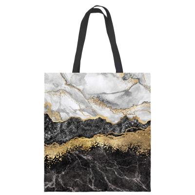 China Fashion Amazon Hot Sale Custom Logo Marble Printing Handbag Shoulder Women Canvas Folding Shopping Bag for sale