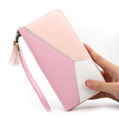 China 2021 New Large Capacity Women's Anti-theft Long Wallet With Wristband Patchwork Zipper Wallet PU Leather Phone Case For Women 052 for sale