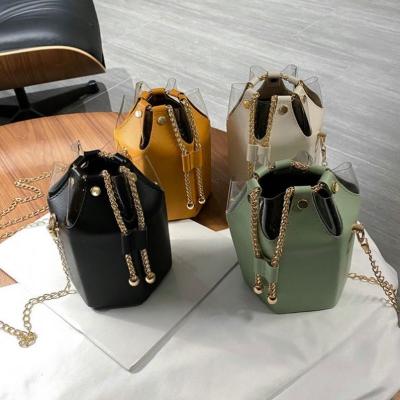 China Wholesale Fashion Cute Splice PVC PU Chain Purse Cross - Body Women Bucket Bag Handbags With Drawstring High Quality Handbags for sale