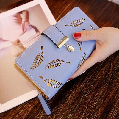 China Fashion Anti-theft Women Pinch Hollow Gold Leaves Female Wallet With Zipper Clutch Card Holder Pocket Wallet Along for sale