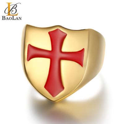 China New Design High Quality Religious Men's Stainless Steel Hot Selling Cross Shield Ring Religious Gift for sale