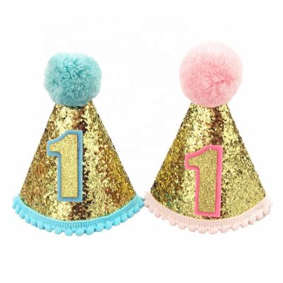 China Celebrating Festivals Gold Glitter Blue/Pink 1st Birthday Boy/Girl Cone Party Hat With Pom Poms Toddler Birthday Party Supplies for sale