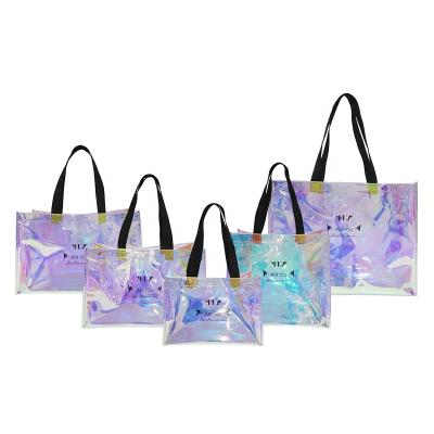 China Eco OEM / ODM Boutique Gift Transparent Bags Waterproof Holographic Iridescent PVC Shopping Bag With Custom for sale