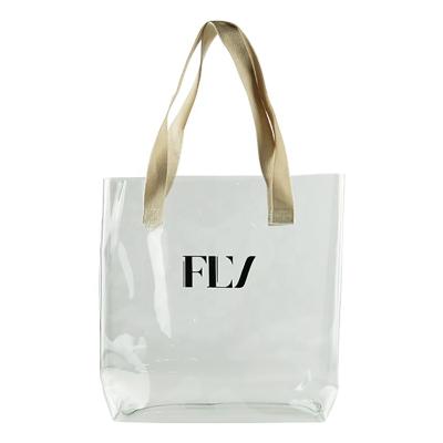 China Eco OEM / ODM Shopping Transparent Handbag With Custom Logo Clear PVC Tote Grocery Bags for sale