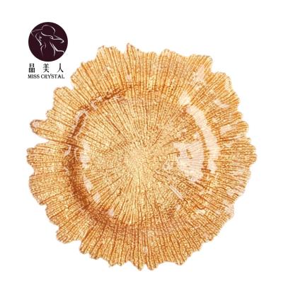 China Elegant Viable Crystal Glass Material Dinner Gold Lead Free Charger Plates Wedding Reef Charger Dish for sale