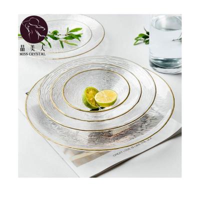 China Sustainable Stylish Clear Stripe Ice Hammered Gold Rim Dish Set Dinnerware Dinnerware for sale