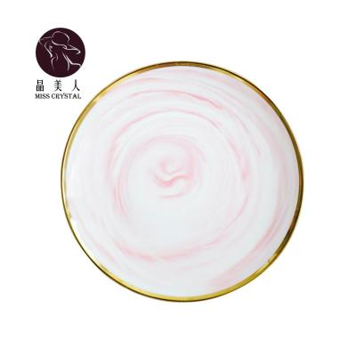 China Cartoon Europe Boreal Style Marbling Ceramic Dish Round Shape Creative Ceramic Dish With Gold Border For Wedding And Restaurant Party for sale