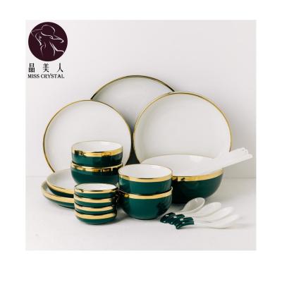 China Phnom Penh Western Green Porcelain Bombs Suit Dishes Contain 11Style Dessert Cake Dish Salad Soup Rice Bowl Tableware Set Luxury for sale