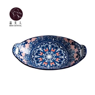 China 11 Inch Traditional Bohemian Bone China Plates Ceramic Oval Dinner Plate Restaurant Dinner Plates With Handle for sale