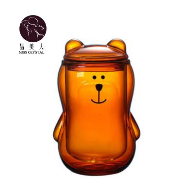 China 2021 New Cartoon Minimalist Bear Design Double Wall Glass Mugs With Lid For Wedding And Party for sale