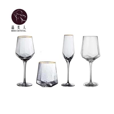 China No Diamond Glass Wine Glasses Home Hammered Gold Rim Champagne Glass Goblet Red Wine Glass for sale